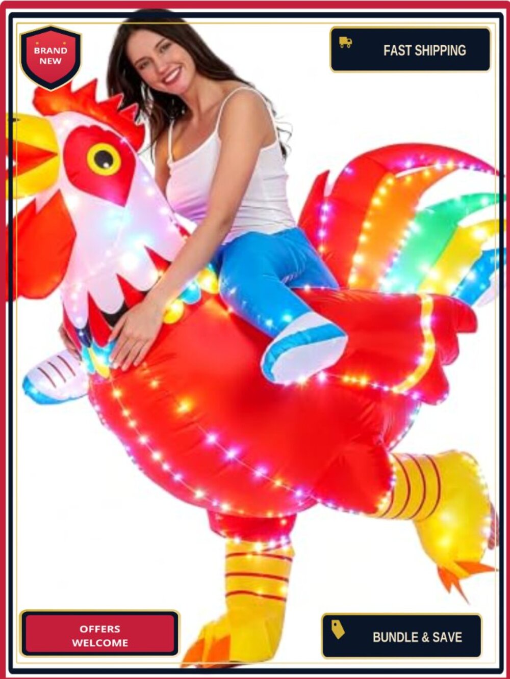LED Inflatable Rooster Costume Ride On Blow Up Chicken Suit Adult